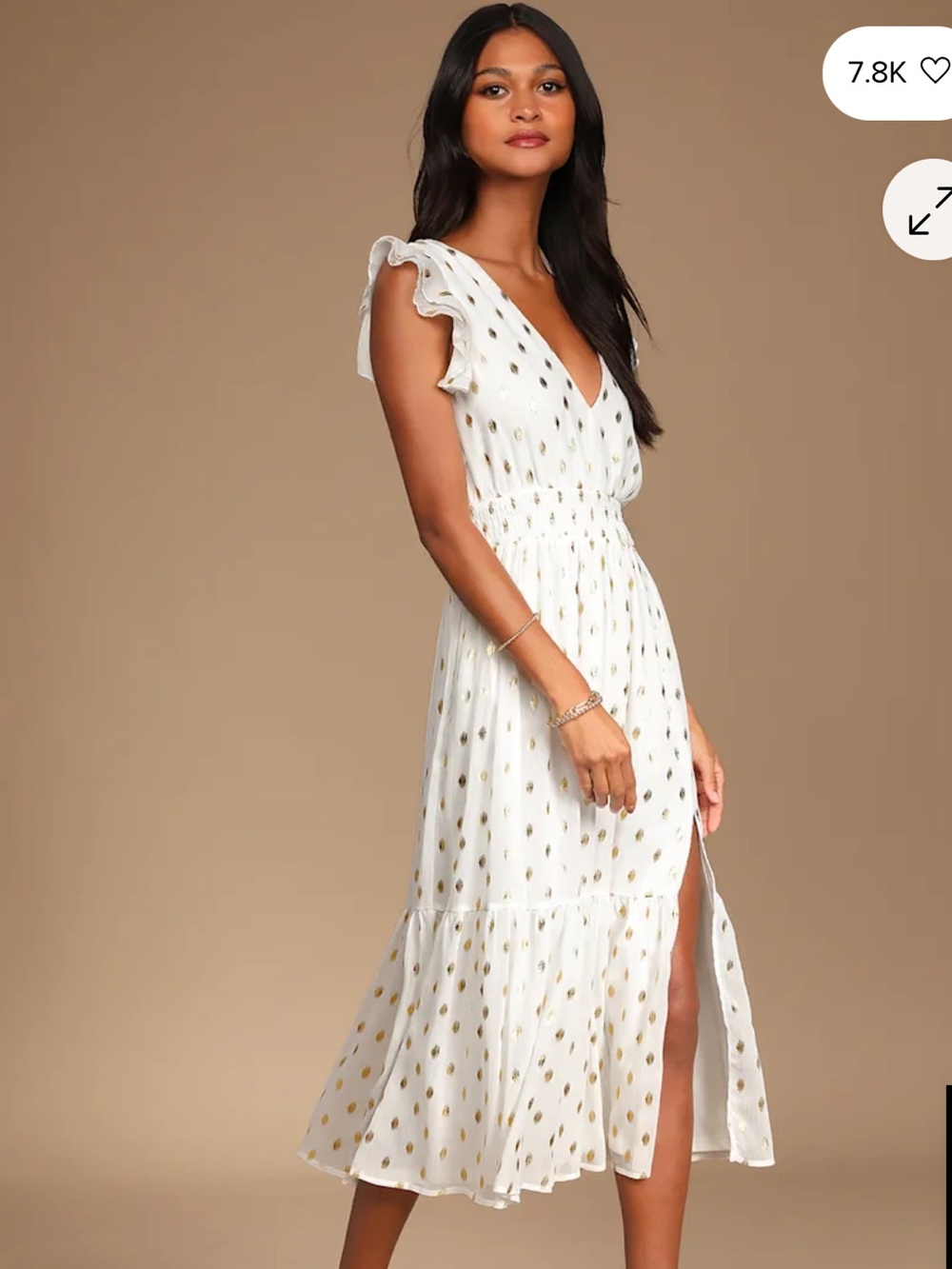 Lulus Cause to Celebrate White and Gold Dot Ruffled Tiered Midi Dress Size L